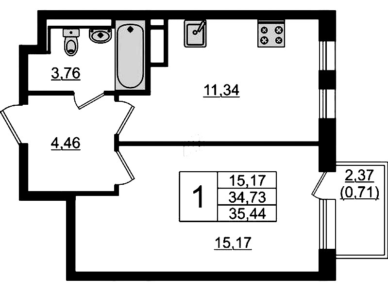 1-комнатная квартира 35.44 м², 9/12 эт., ЖК «Новые Лаврики»